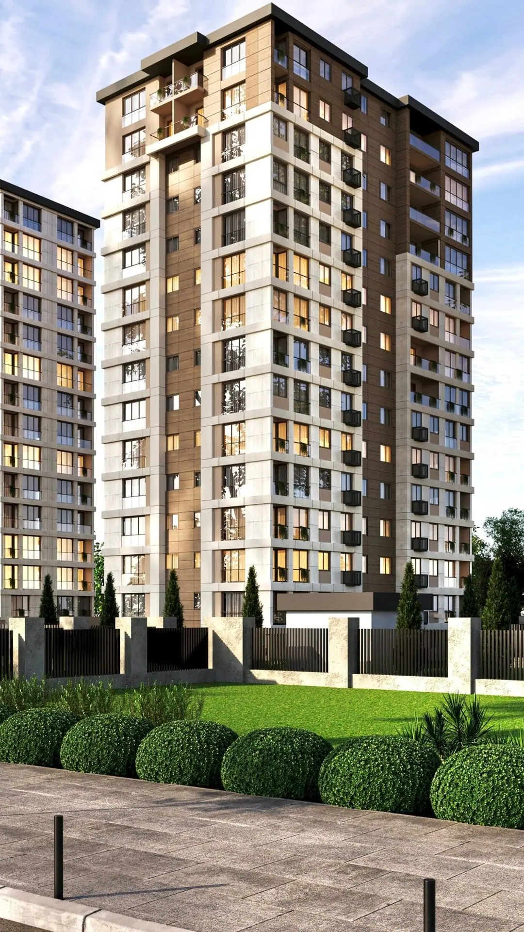 Kalyon ve Berin Apartmanları tasarım görselleştirmesi: krem taş ve bronz panel cepheli kule