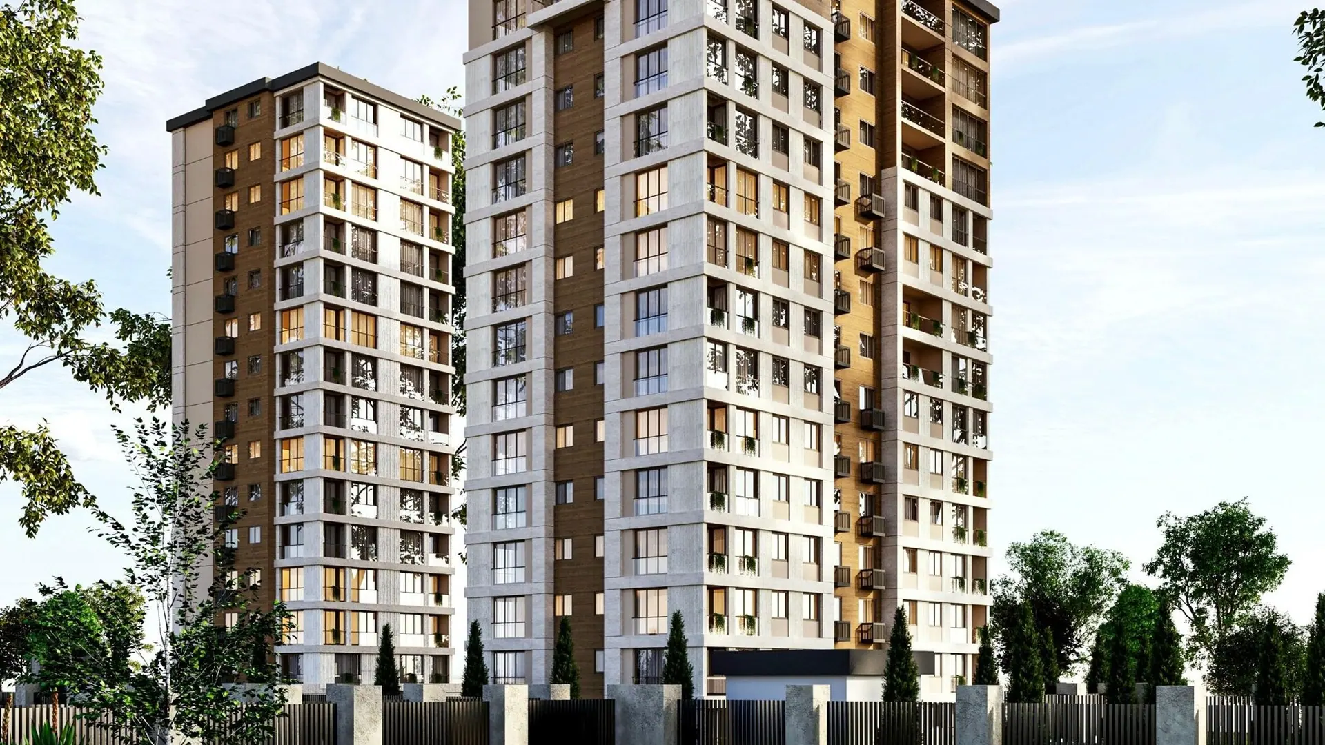 Kalyon ve Berin Apartmanları tasarım görselleştirmesi: bahçe içinde iki konut kulesi